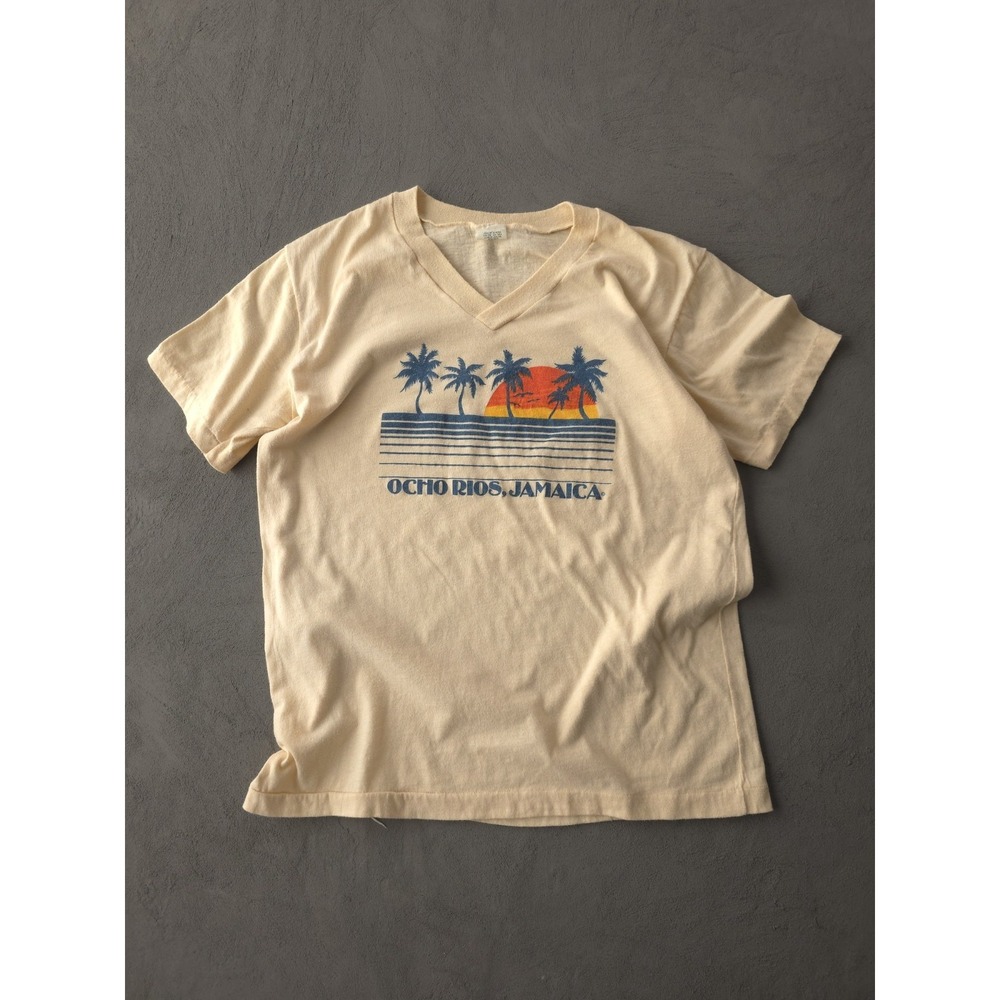 Vintage 1980s Ocho Rios Jamaica V-neck Beige T-shirt Single Stitch Beach XL